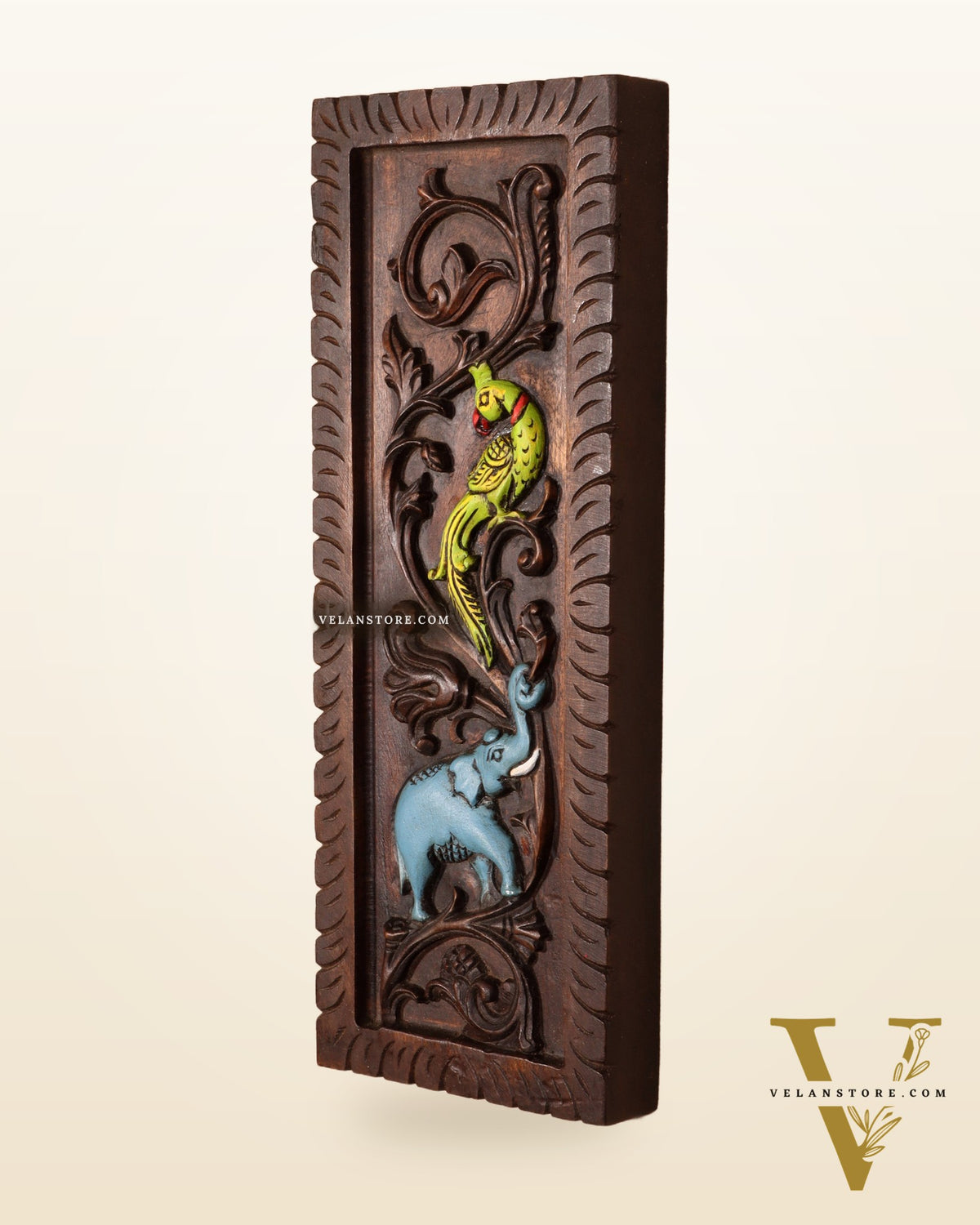 Elephant with Parrot Wooden Wall Hanging Panel – Handcrafted & Hand-Painted 15.5"