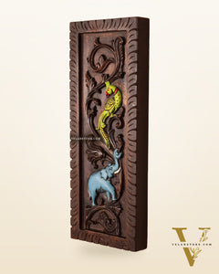 Elephant with Parrot Wooden Wall Hanging Panel – Handcrafted & Hand-Painted 15.5"