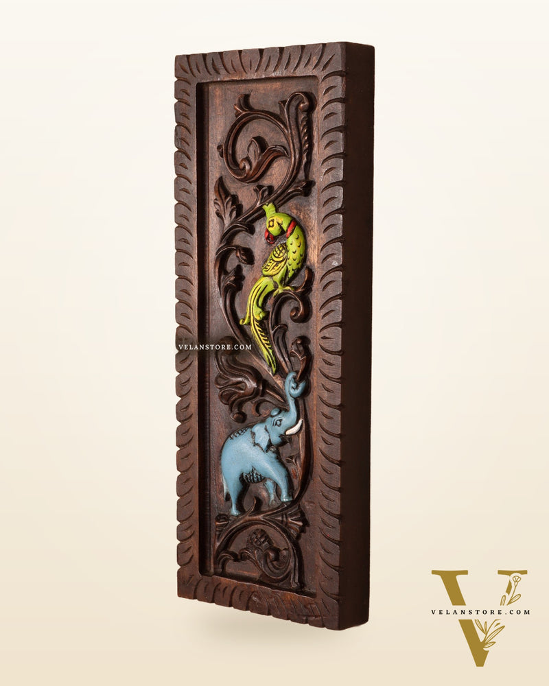 Elephant with Parrot Wooden Wall Hanging Panel – Handcrafted & Hand-Painted 15.5"