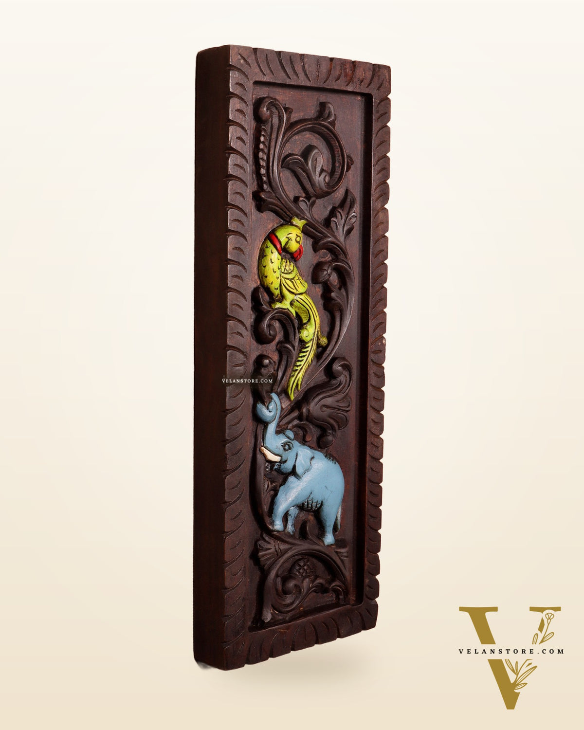 Elephant with Parrot Wooden Wall Hanging Panel – Handcrafted & Hand-Painted 15.5"