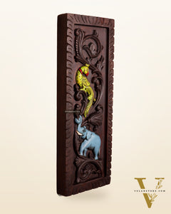 Elephant with Parrot Wooden Wall Hanging Panel – Handcrafted & Hand-Painted 15.5"