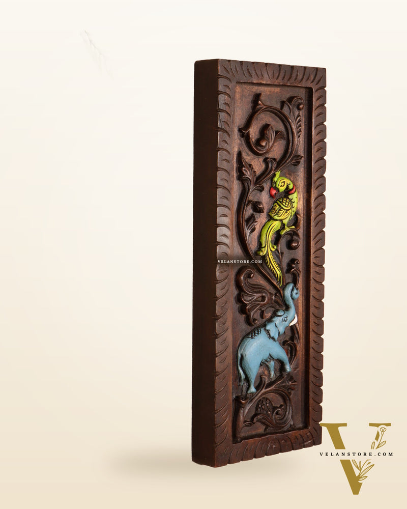 Elephant with Parrot Wooden Wall Hanging Panel – Handcrafted & Hand-Painted 15.5"