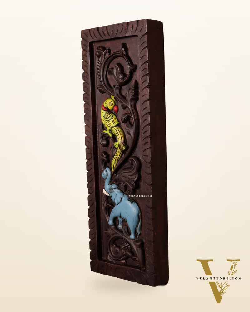 Elephant with Parrot Wooden Wall Hanging Panel – Handcrafted & Hand-Painted 15.5"