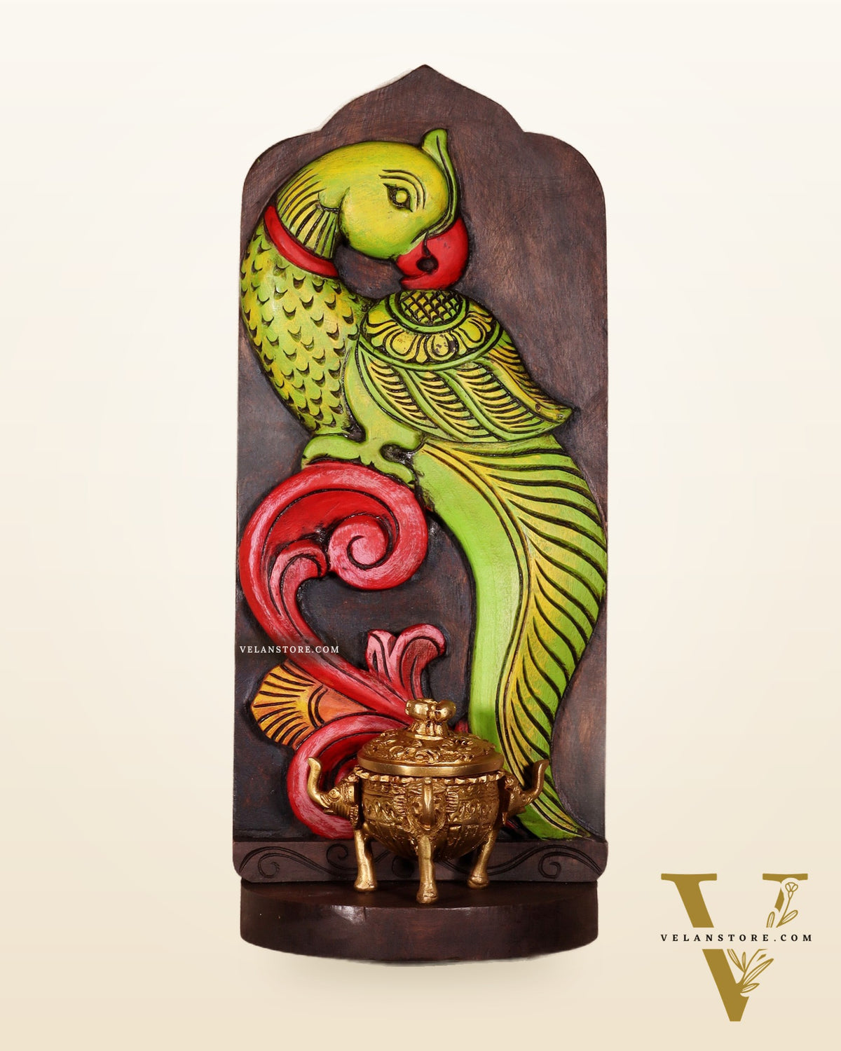 Elephant with Parrot Wooden Wall Hanging Panel with Shelf 15.5"