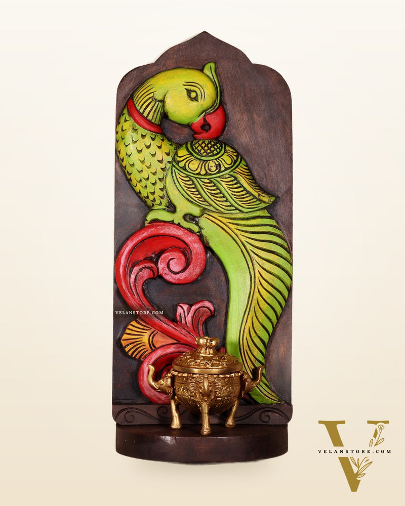 Elephant with Parrot Wooden Wall Hanging Panel with Shelf 15.5"