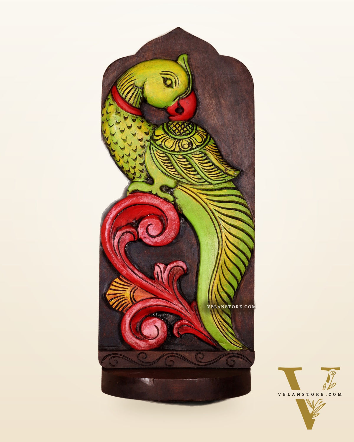 Elephant with Parrot Wooden Wall Hanging Panel with Shelf 15.5"