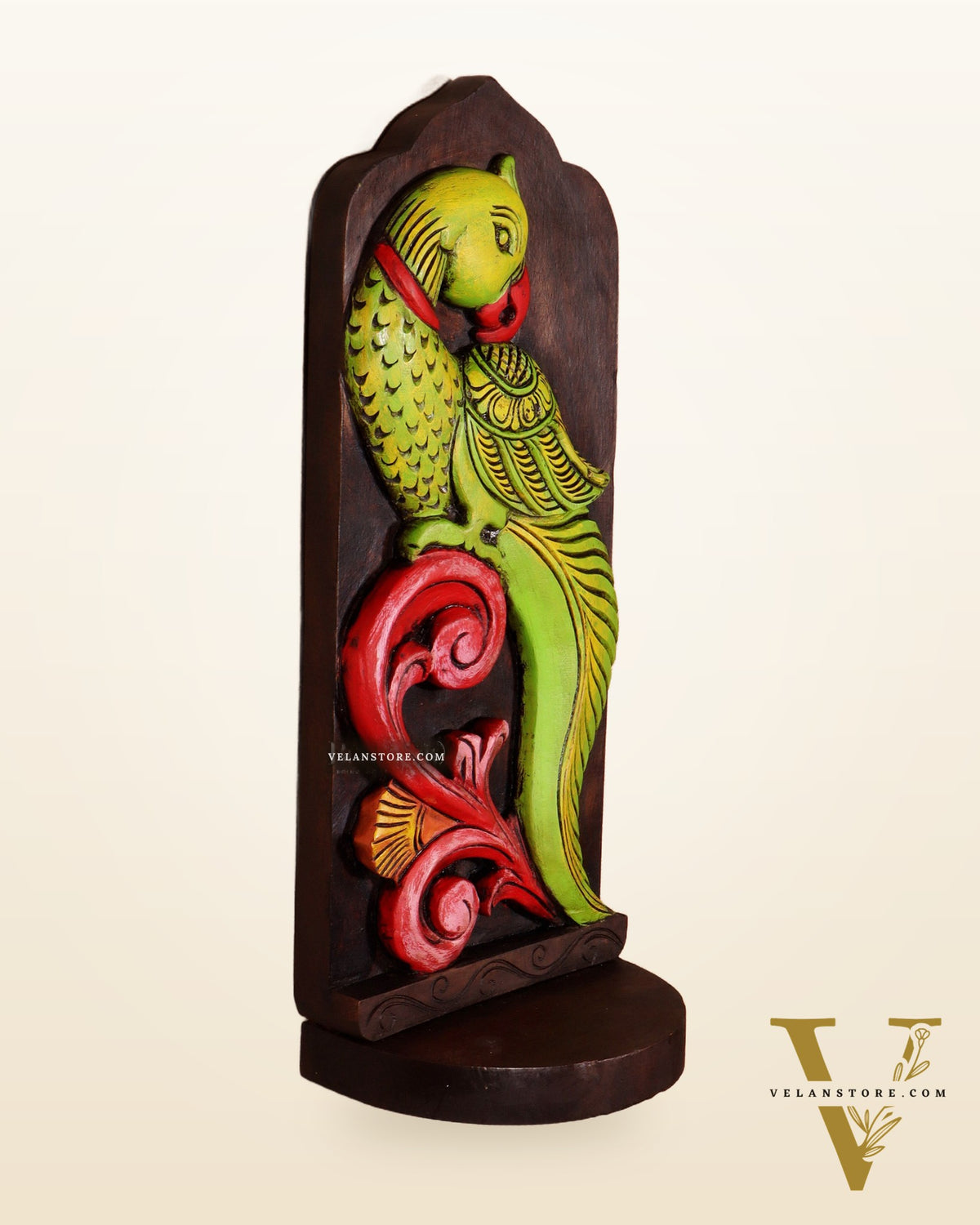 Elephant with Parrot Wooden Wall Hanging Panel with Shelf 15.5"