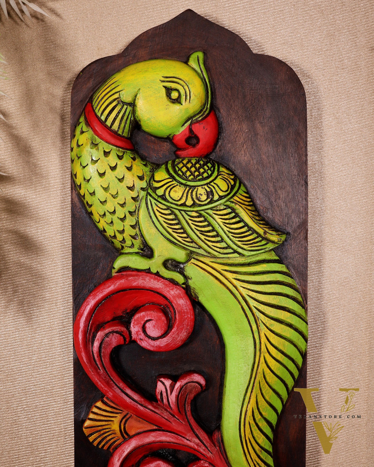 Elephant with Parrot Wooden Wall Hanging Panel with Shelf 15.5"
