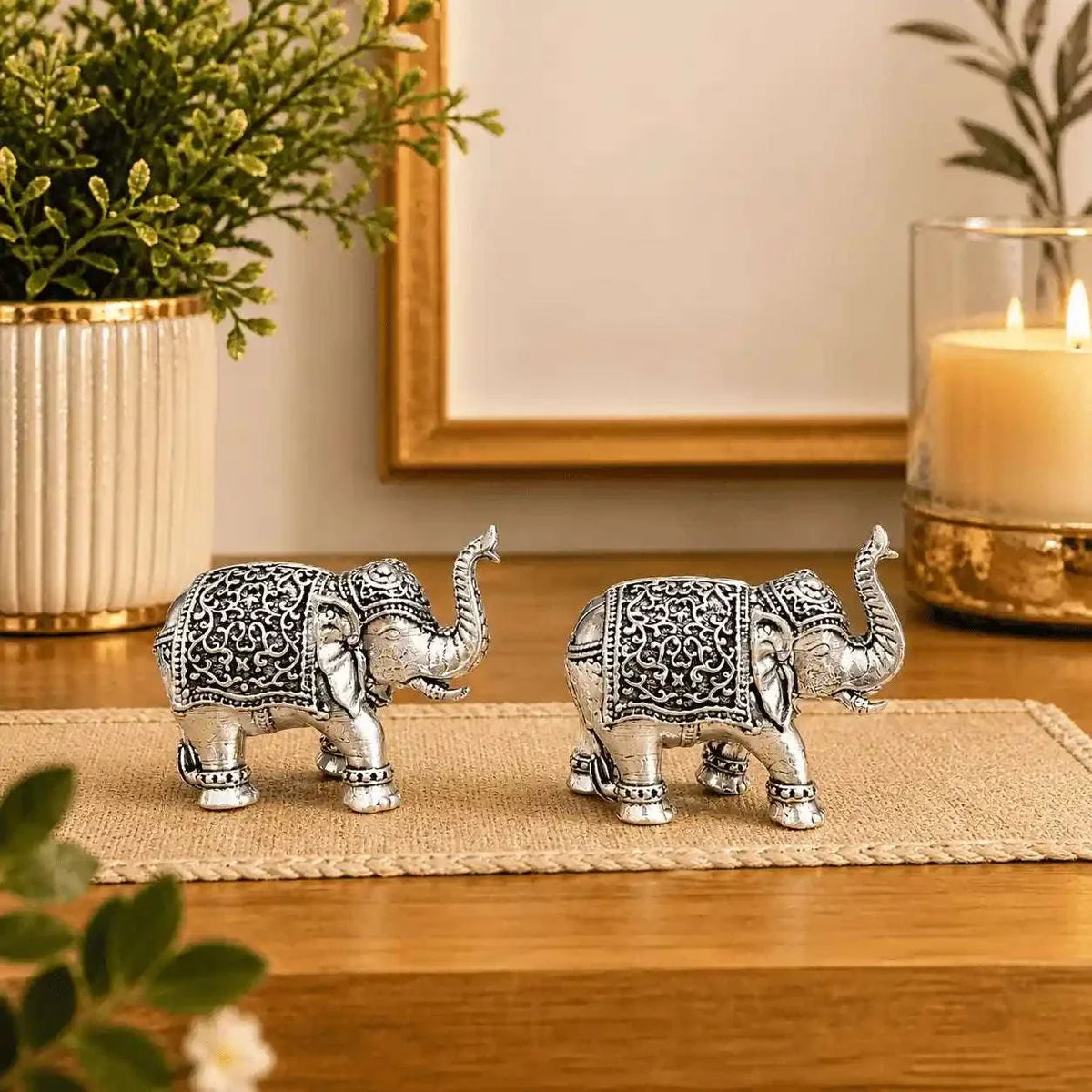 Brass Silver Plated Lightweight Elephant Lightweight Statue Pair (1.8 Inch)