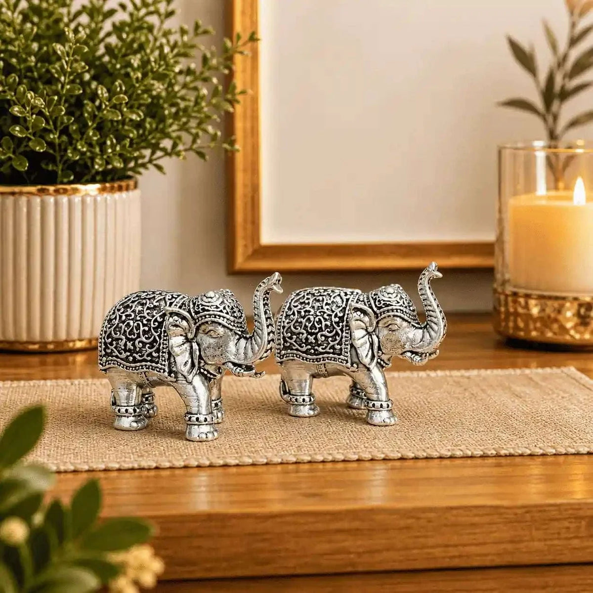 Brass Silver Plated Lightweight Elephant Lightweight Statue Pair (1.8 Inch)