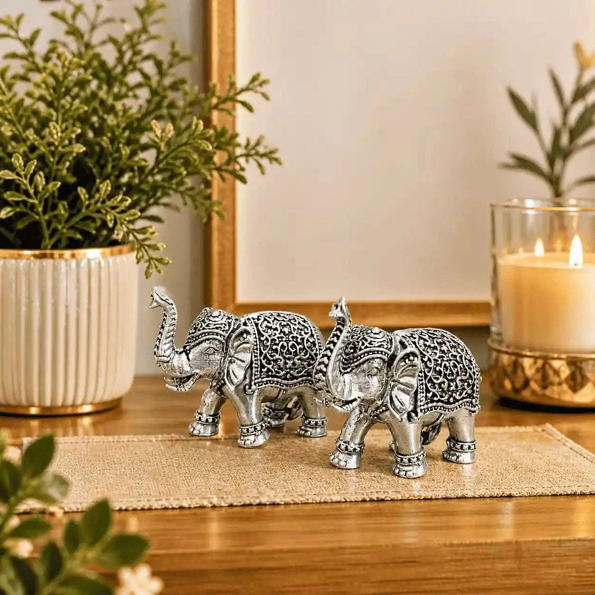 Brass Silver Plated Lightweight Elephant Lightweight Statue Pair (1.8 Inch)