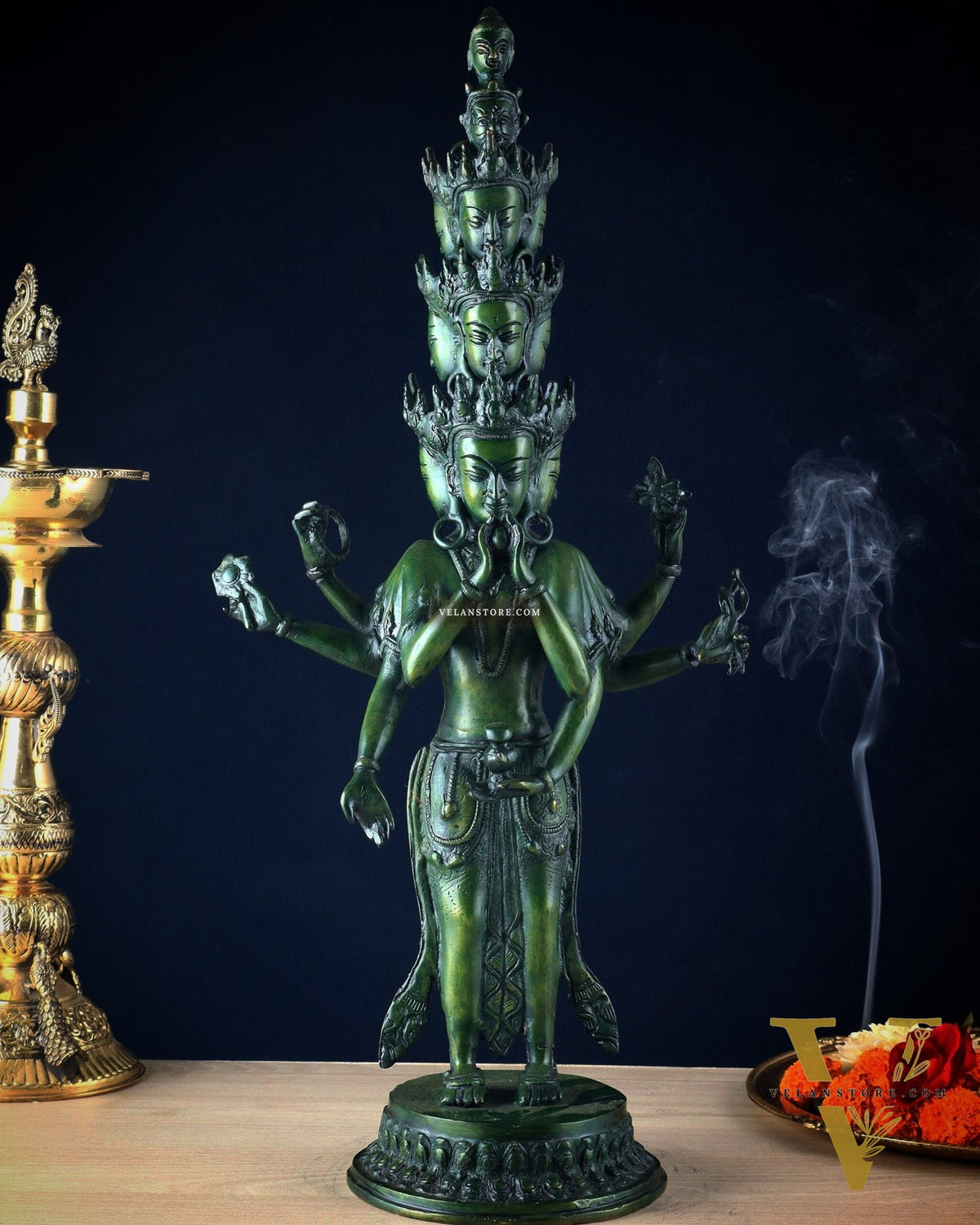 Eleven-Headed Eight-Armed Avalokiteshvara Statue in Brass – Antique Green Patina, 23.2"