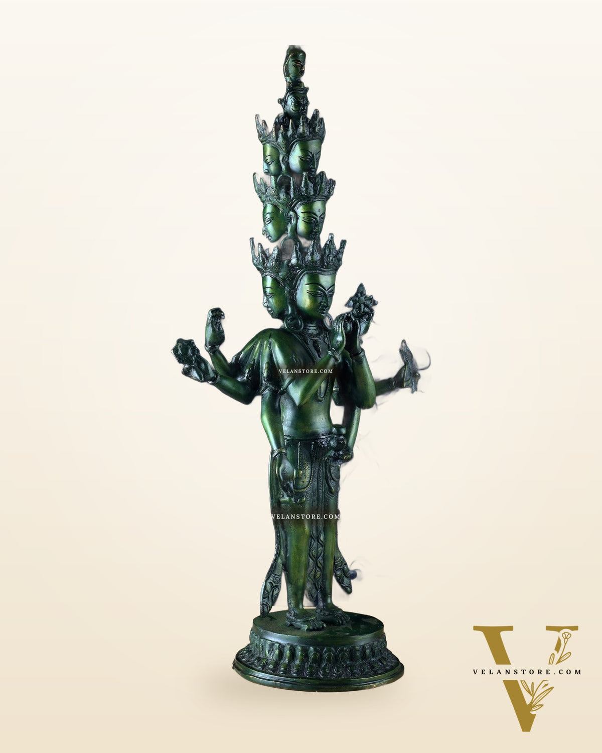 Eleven-Headed Eight-Armed Avalokiteshvara Statue in Brass – Antique Green Patina, 23.2"