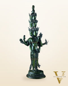 Eleven-Headed Eight-Armed Avalokiteshvara Statue in Brass – Antique Green Patina, 23.2"