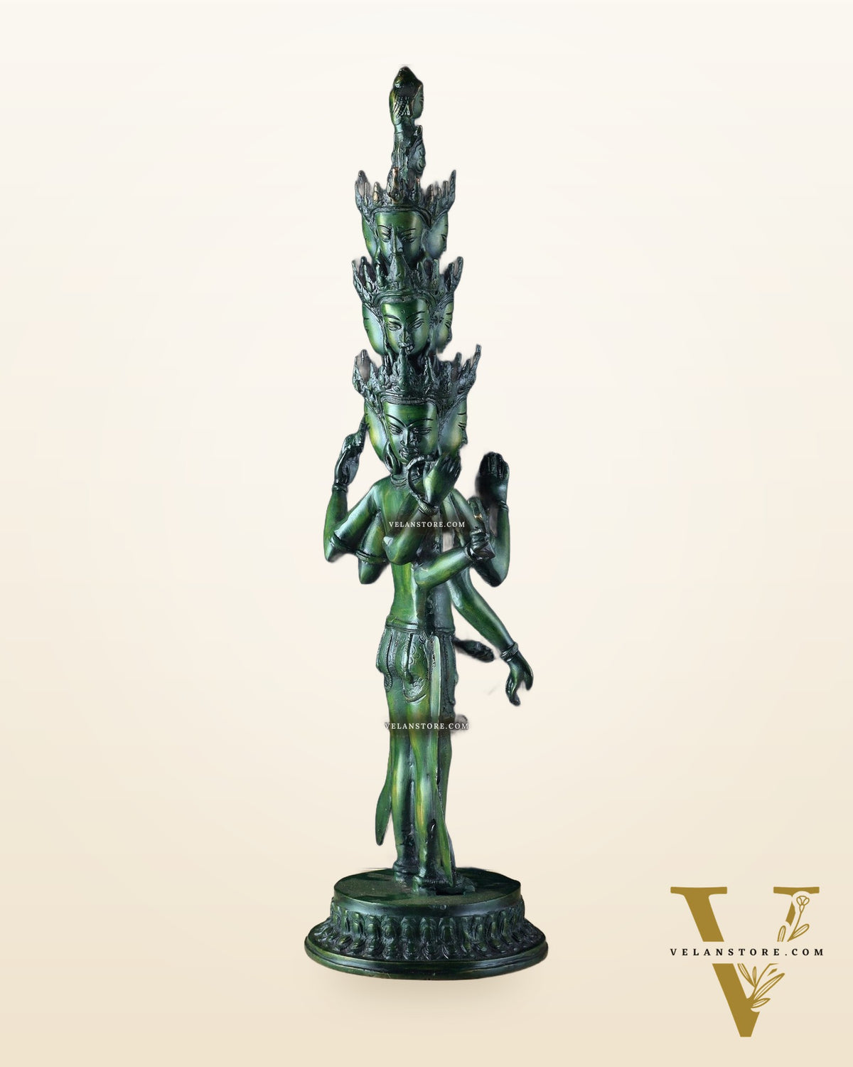 Eleven-Headed Eight-Armed Avalokiteshvara Statue in Brass – Antique Green Patina, 23.2"
