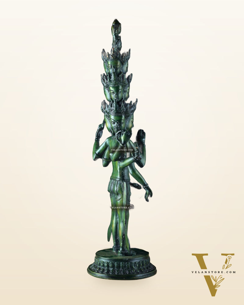 Eleven-Headed Eight-Armed Avalokiteshvara Statue in Brass – Antique Green Patina, 23.2"