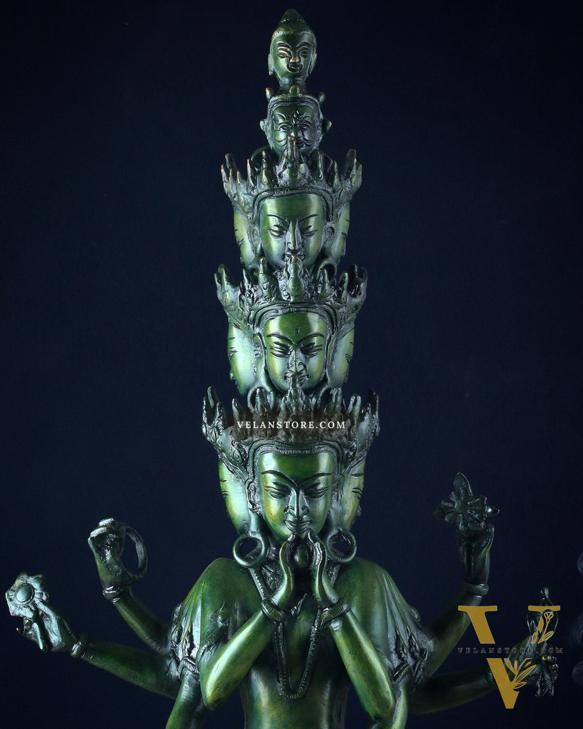 Eleven-Headed Eight-Armed Avalokiteshvara Statue in Brass – Antique Green Patina, 23.2"