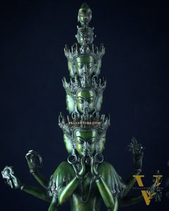 Eleven-Headed Eight-Armed Avalokiteshvara Statue in Brass – Antique Green Patina, 23.2"