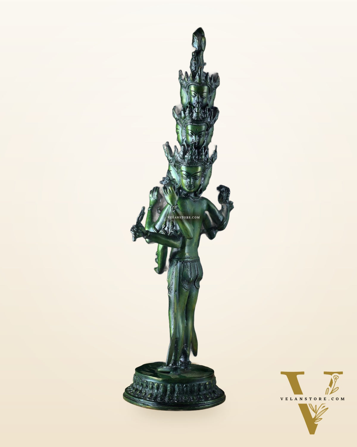 Eleven-Headed Eight-Armed Avalokiteshvara Statue in Brass – Antique Green Patina, 23.2"