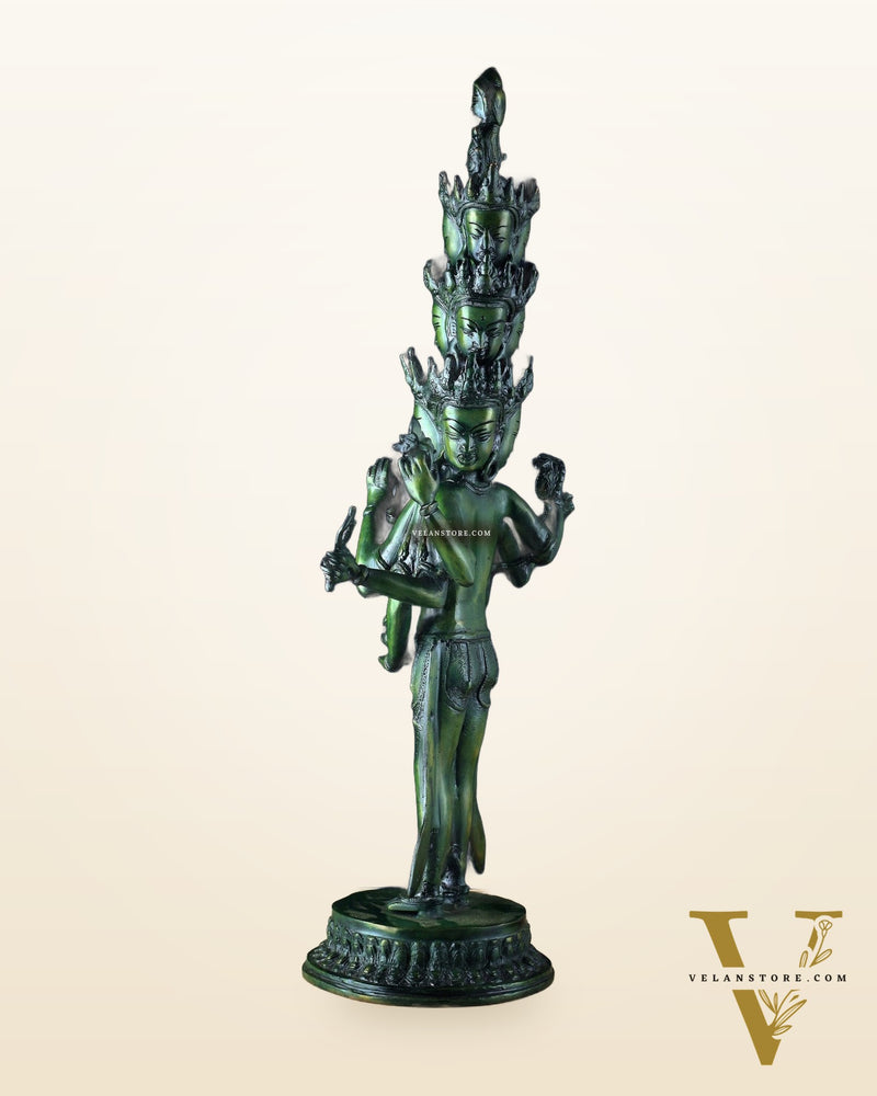 Eleven-Headed Eight-Armed Avalokiteshvara Statue in Brass – Antique Green Patina, 23.2"