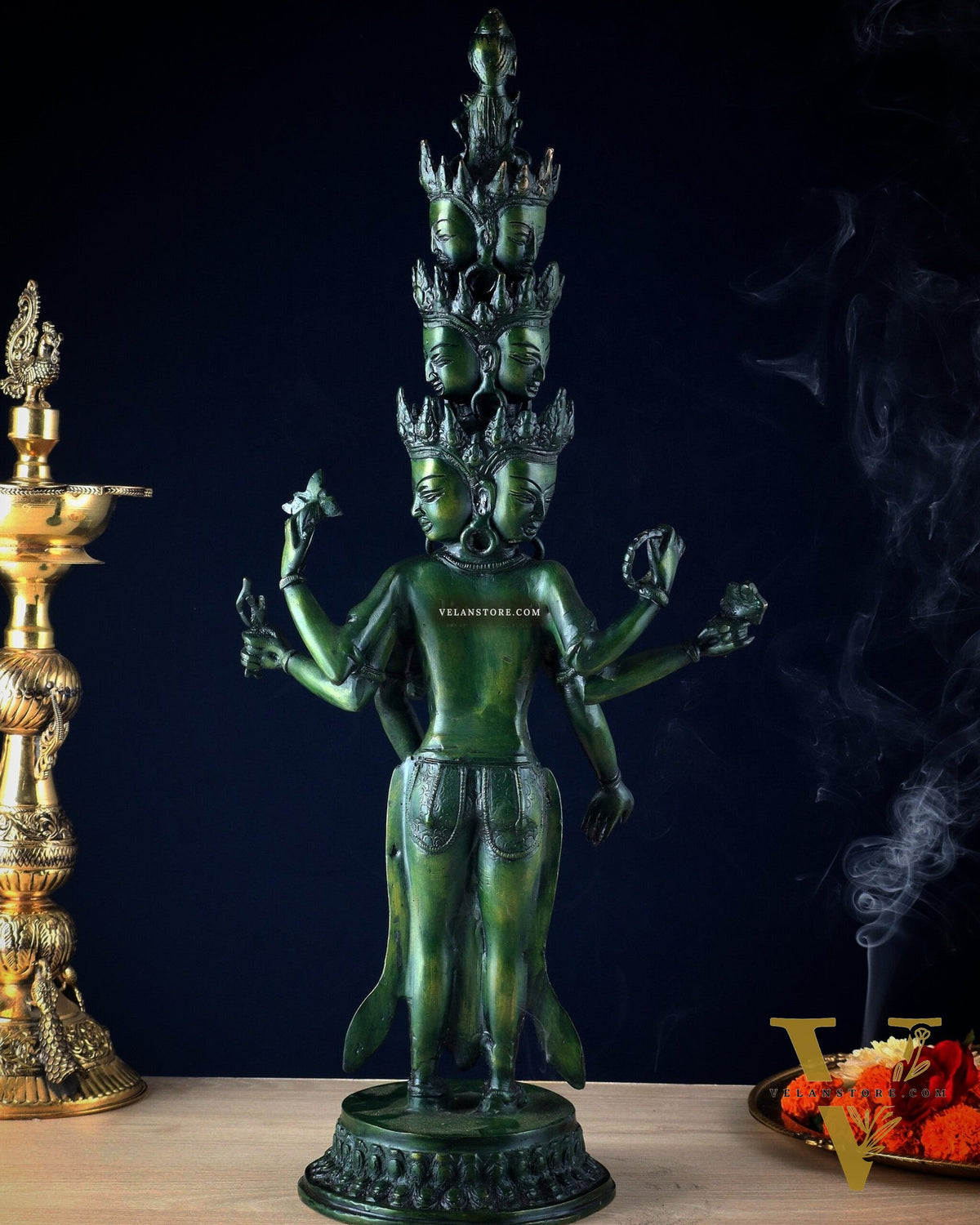 Eleven-Headed Eight-Armed Avalokiteshvara Statue in Brass – Antique Green Patina, 23.2"