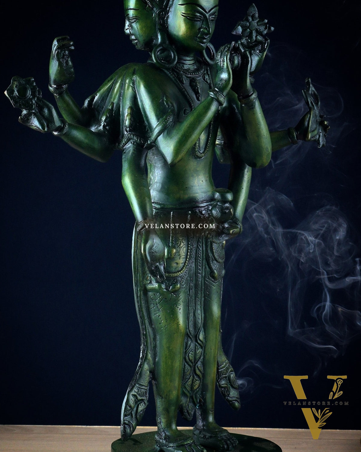 Eleven-Headed Eight-Armed Avalokiteshvara Statue in Brass – Antique Green Patina, 23.2"