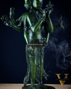 Eleven-Headed Eight-Armed Avalokiteshvara Statue in Brass – Antique Green Patina, 23.2"