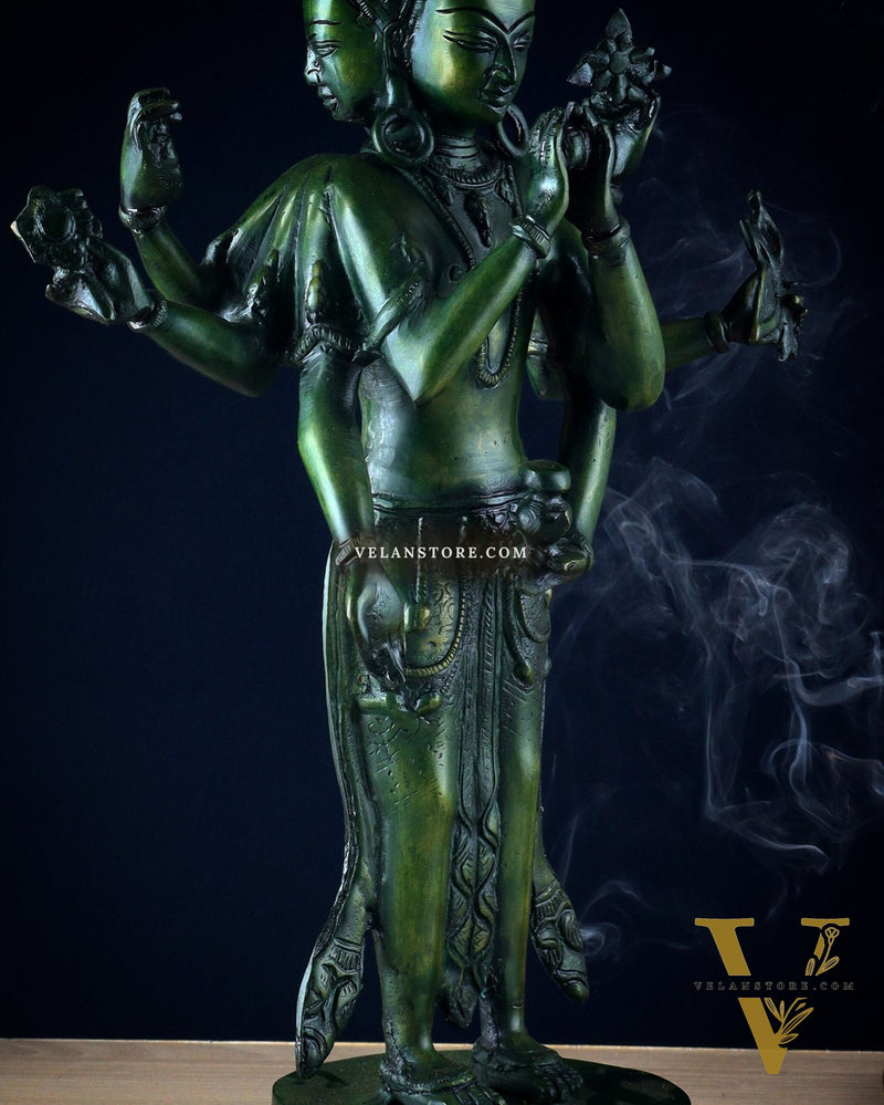 Eleven-Headed Eight-Armed Avalokiteshvara Statue in Brass – Antique Green Patina, 23.2"