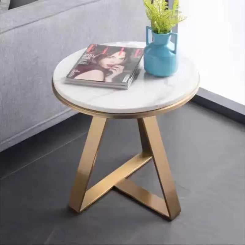 Elysia Side Table | White Marble Top with Gold Frame | Crisscross Base Design | Living Room & Bedroom Use