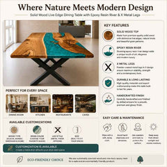 Handmade Live Edge Wood Blue Epoxy Resin River Dining Table, Live Edge Wood Rustic Modern Furniture | Custom Live Edge Coffee Table
