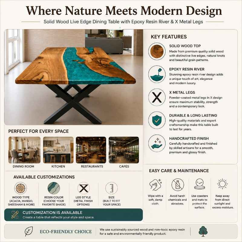 Handmade Live Edge Wood Blue Epoxy Resin River Dining Table, Live Edge Wood Rustic Modern Furniture | Custom Live Edge Coffee Table
