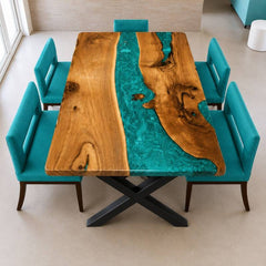 Handmade Live Edge Wood Blue Epoxy Resin River Dining Table, Live Edge Wood Rustic Modern Furniture | Custom Live Edge Coffee Table