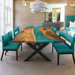 Handmade Live Edge Wood Blue Epoxy Resin River Dining Table, Live Edge Wood Rustic Modern Furniture | Custom Live Edge Coffee Table