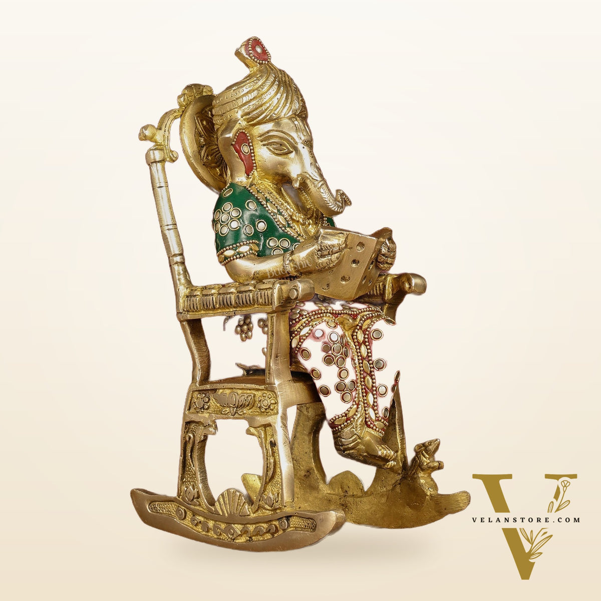 Enchanting 11-Inch Pure Brass Reading Ganesha on Rocking Chair Idol