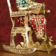 Enchanting 11-Inch Pure Brass Reading Ganesha on Rocking Chair Idol
