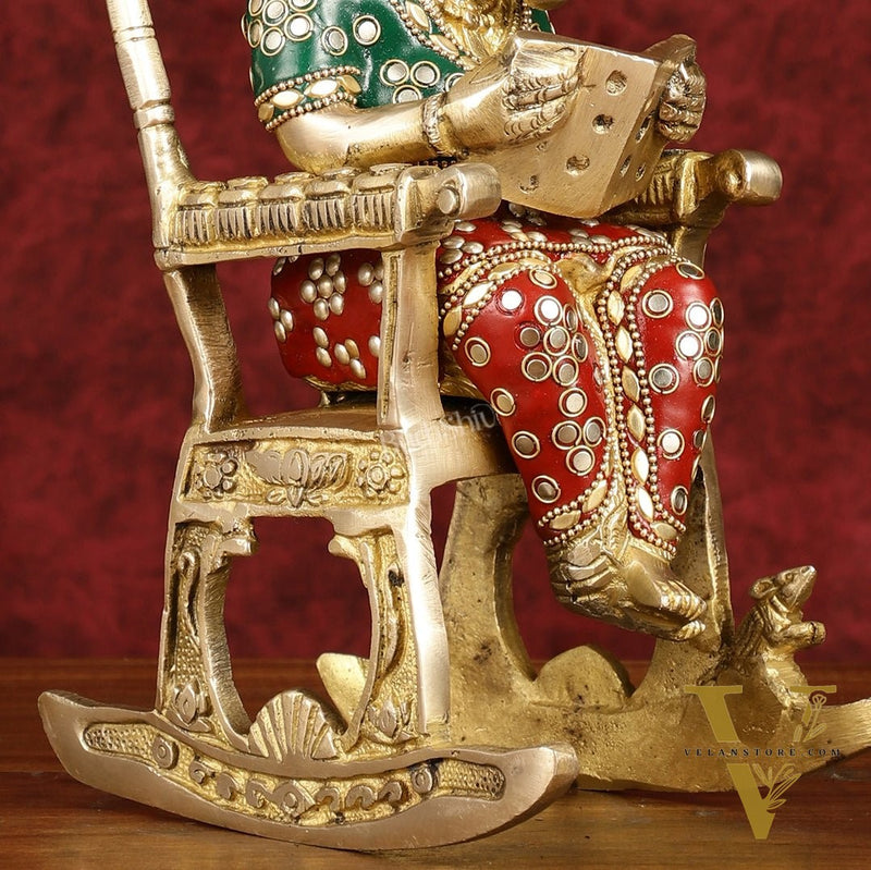 Enchanting 11-Inch Pure Brass Reading Ganesha on Rocking Chair Idol