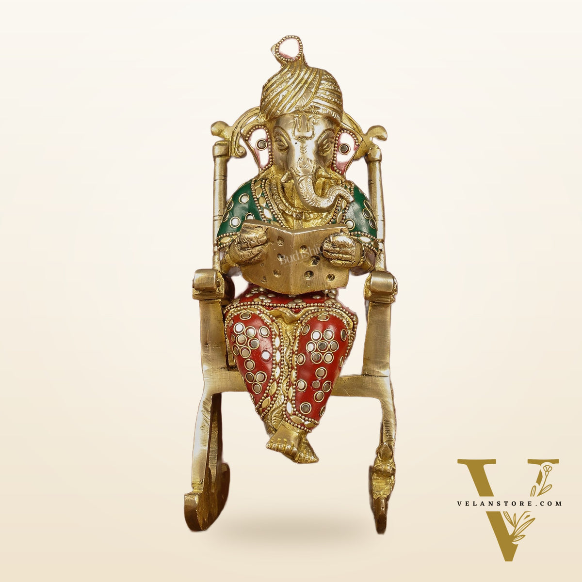 Enchanting 11-Inch Pure Brass Reading Ganesha on Rocking Chair Idol