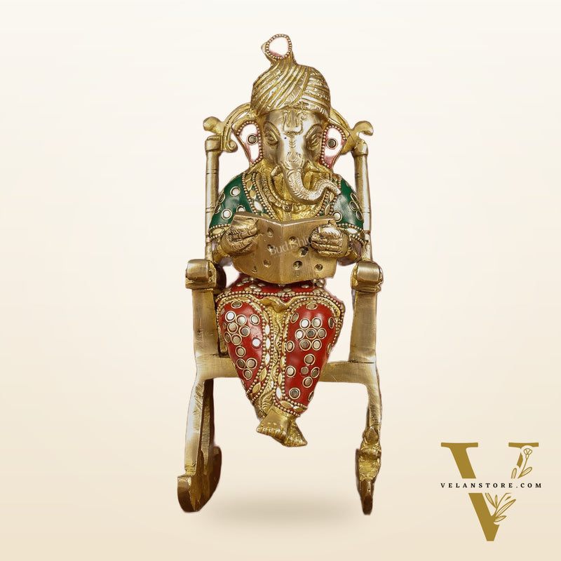 Enchanting 11-Inch Pure Brass Reading Ganesha on Rocking Chair Idol