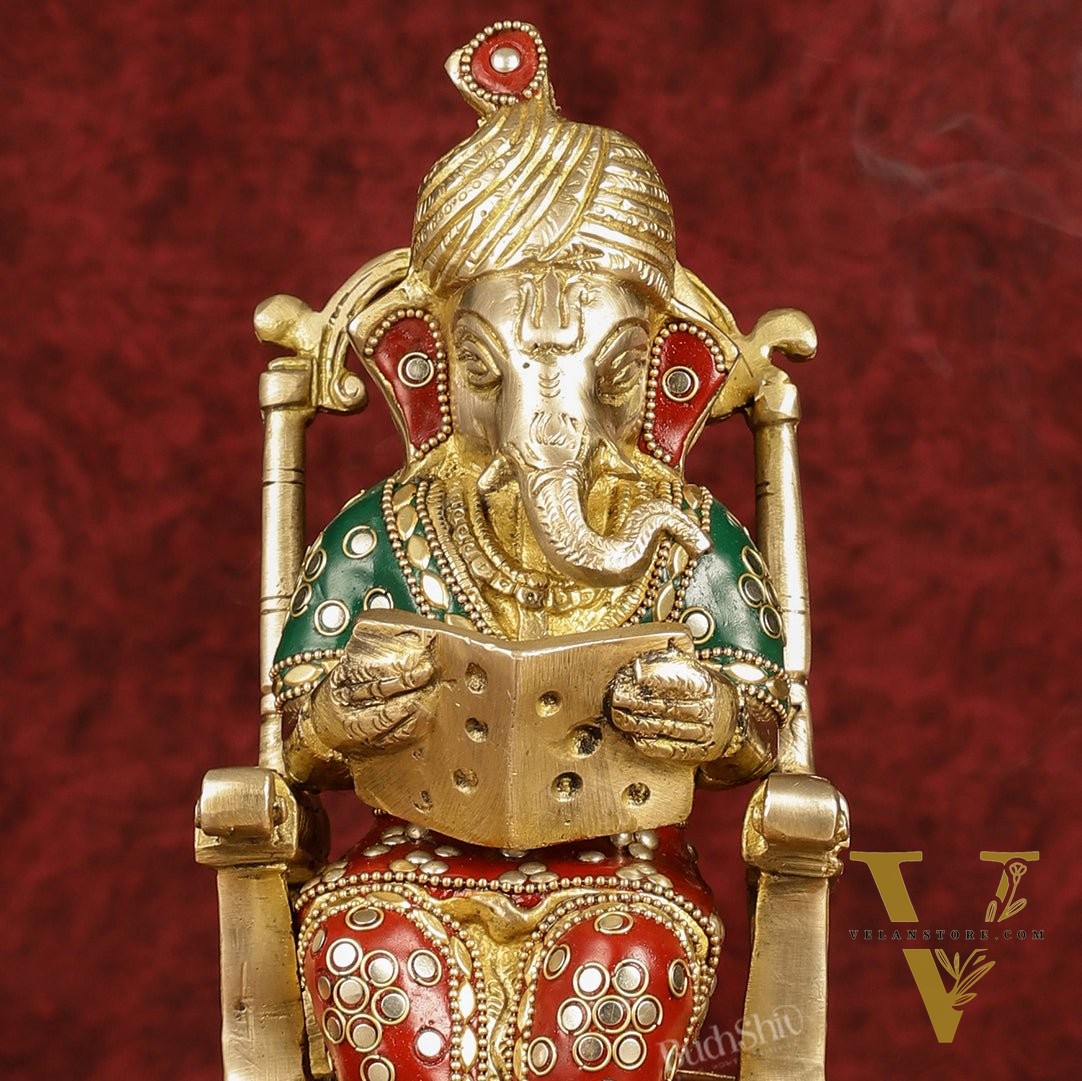 Enchanting 11-Inch Pure Brass Reading Ganesha on Rocking Chair Idol