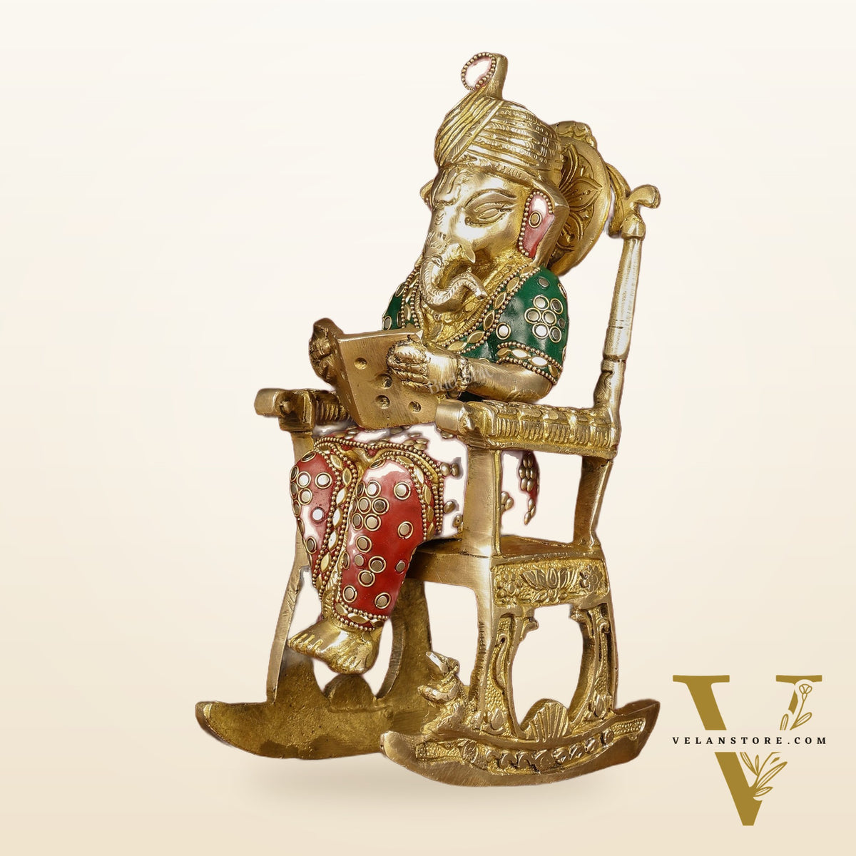 Enchanting 11-Inch Pure Brass Reading Ganesha on Rocking Chair Idol