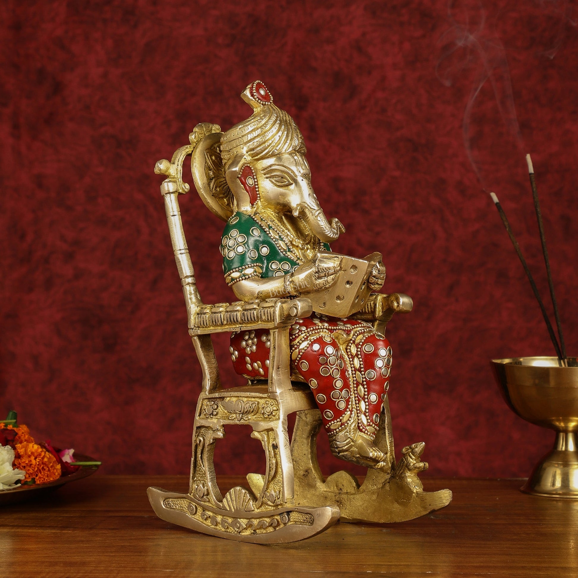 Enchanting 11-Inch Pure Brass Reading Ganesha on Rocking Chair Idol