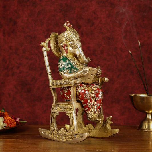 Enchanting 11-Inch Pure Brass Reading Ganesha on Rocking Chair Idol