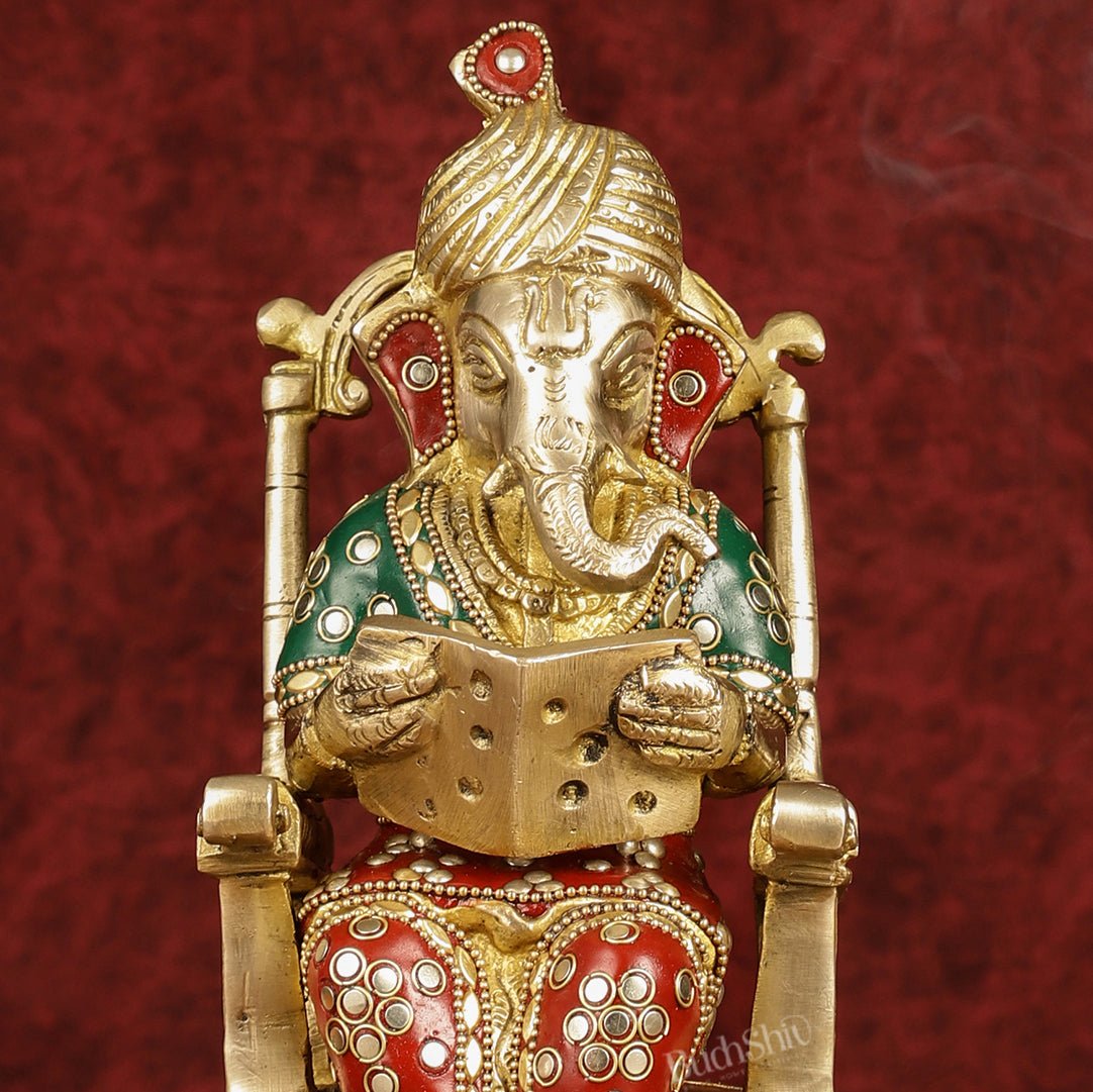 Enchanting 11-Inch Pure Brass Reading Ganesha on Rocking Chair Idol