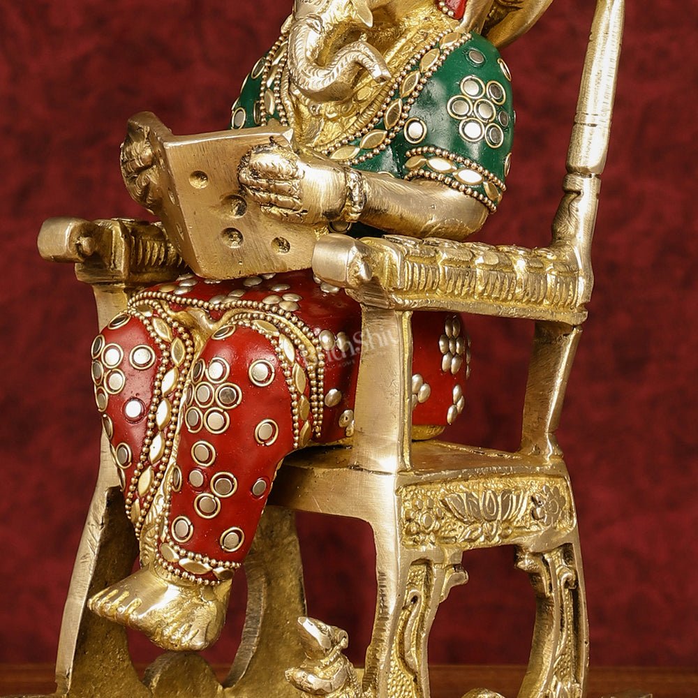 Enchanting 11-Inch Pure Brass Reading Ganesha on Rocking Chair Idol