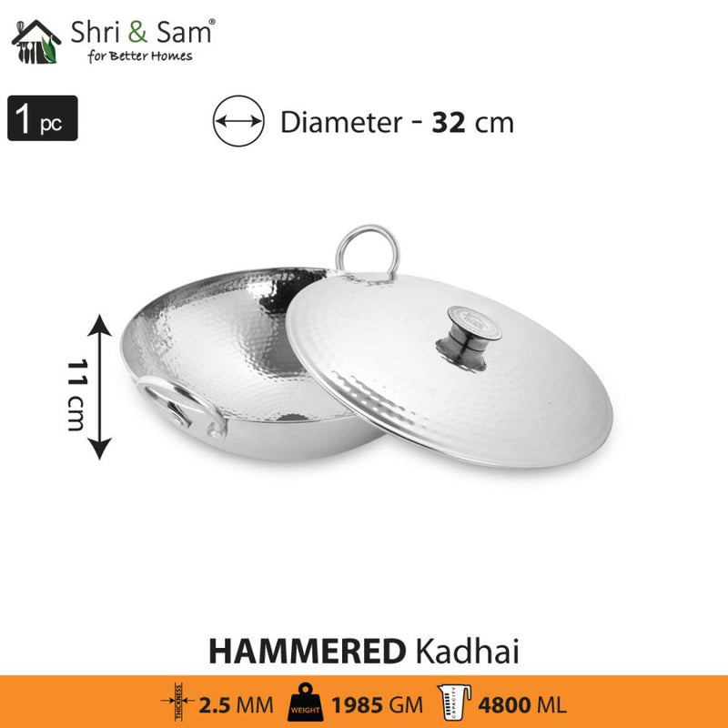 Engrave Stainless Steel Triply Deep Hammered Kadhai with SS Lid Pro