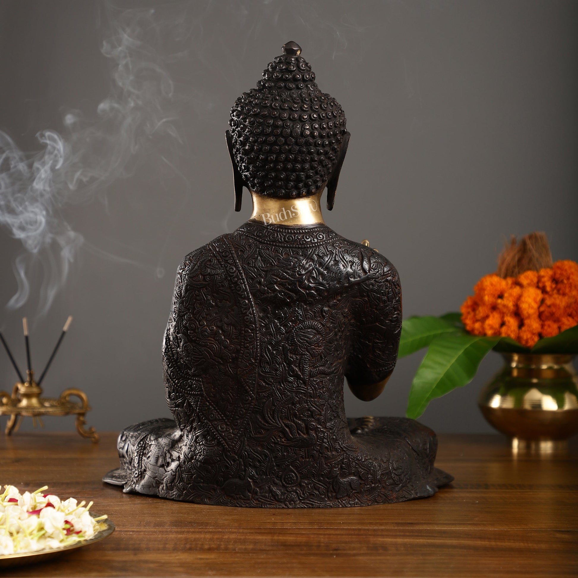 Engraved Brass Buddha Statue | Blessing Mudra | 15.5 inch