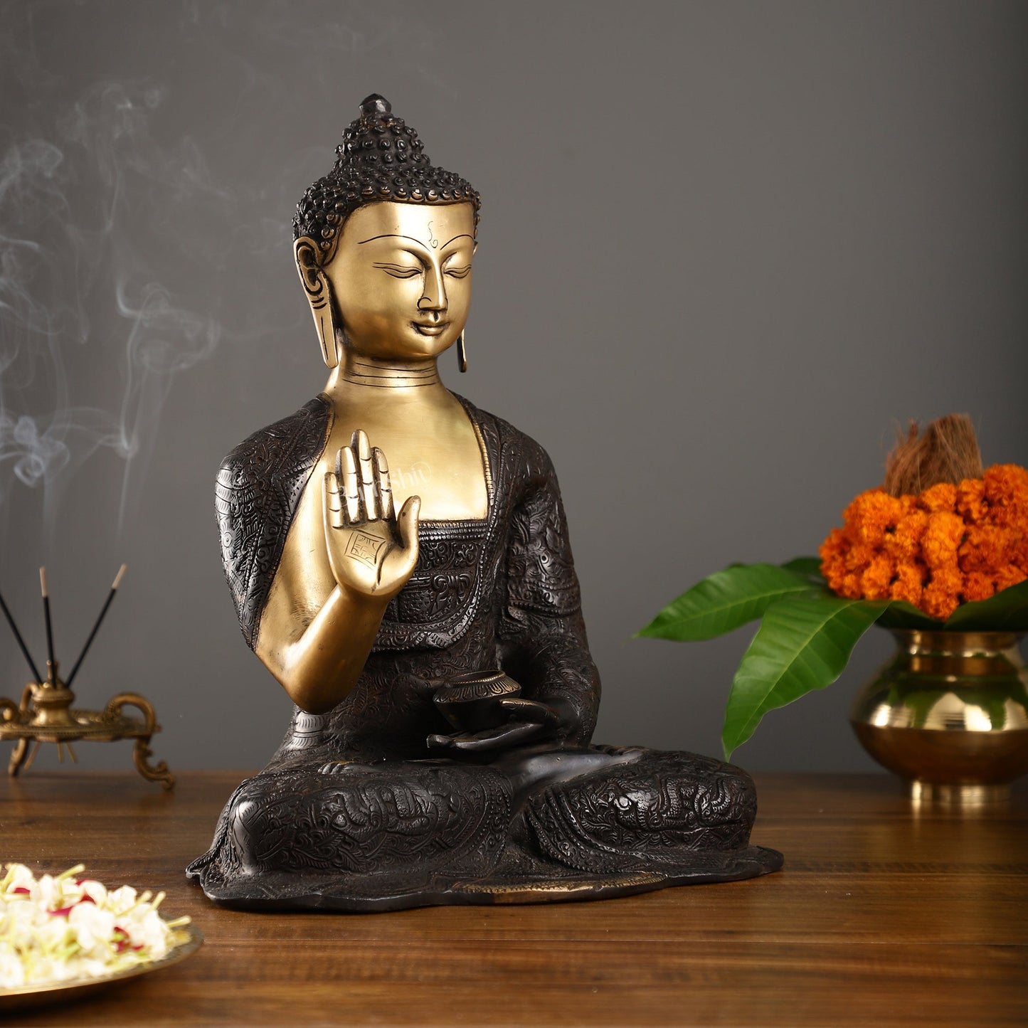 Engraved Brass Buddha Statue | Blessing Mudra | 15.5 inch