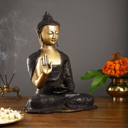 Engraved Brass Buddha Statue | Blessing Mudra | 15.5 inch