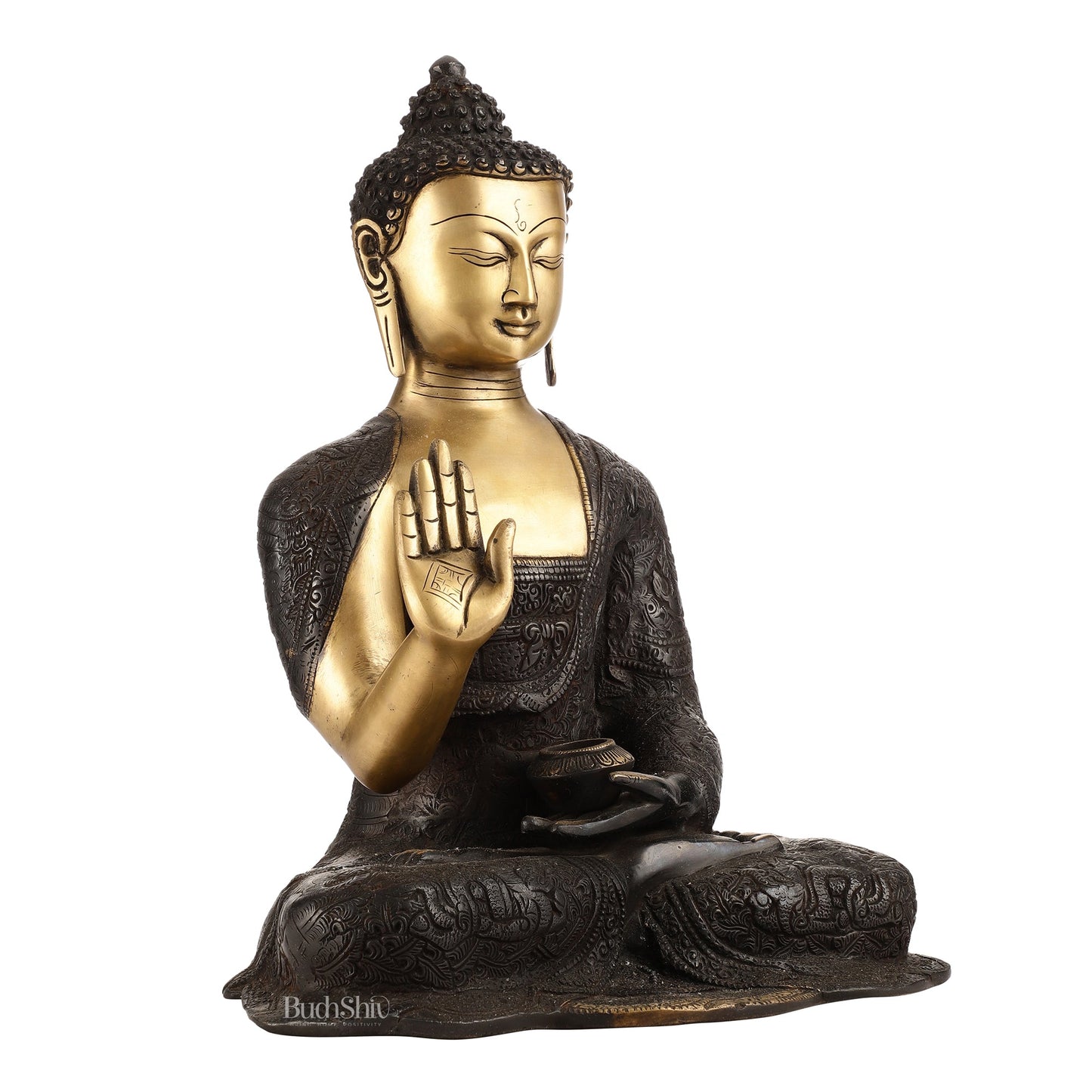 Engraved Brass Buddha Statue | Blessing Mudra | 15.5 inch