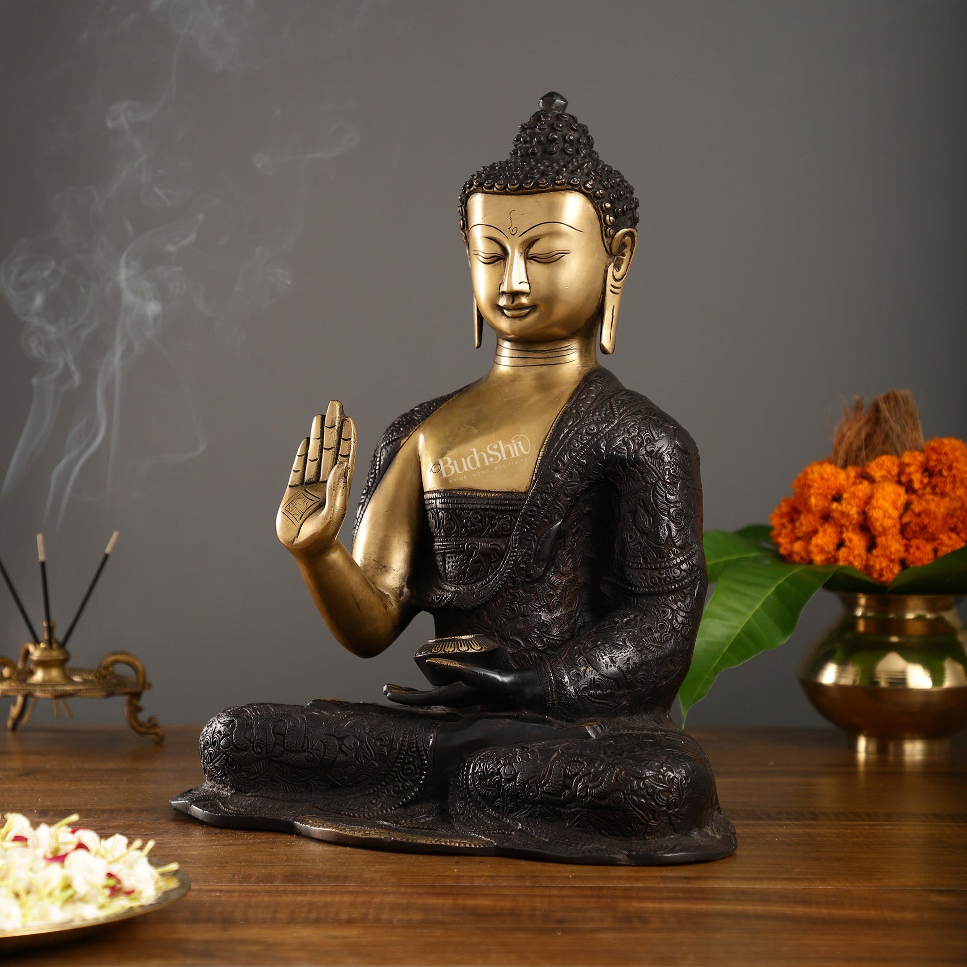 Engraved Brass Buddha Statue | Blessing Mudra | 15.5 inch